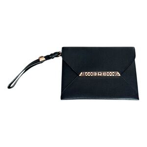 Stella & Dot Avalon Envelope Clutch Wristlet Black Faux Leather Gold Accent